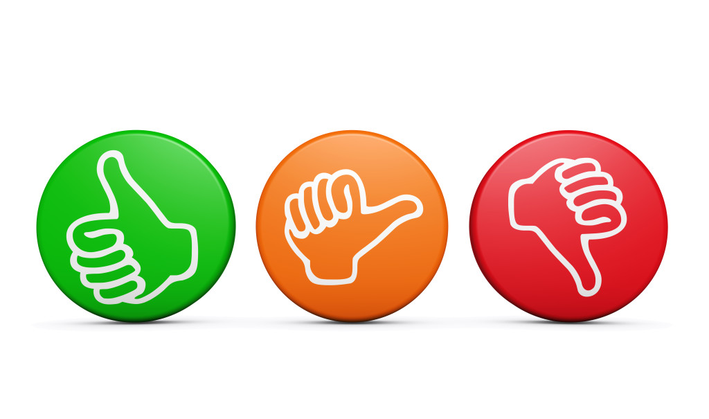 Positive medium and negative customer satisfaction feedback rating and survey buttons with thumb up and down icon on white background.