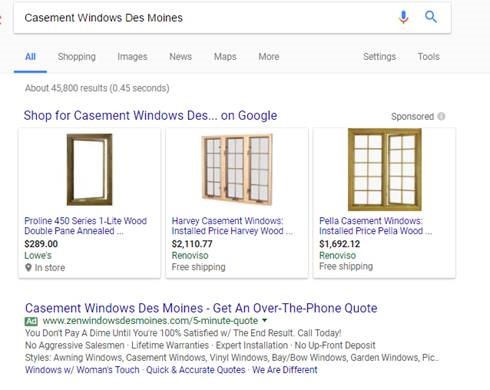 Zen Windows Des Moines - the 1st ad you see in PPC